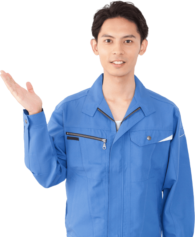 タイトルを示す作業着を来た男性